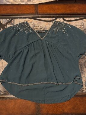 Stone Row Teal Beaded V-Neck Blouse